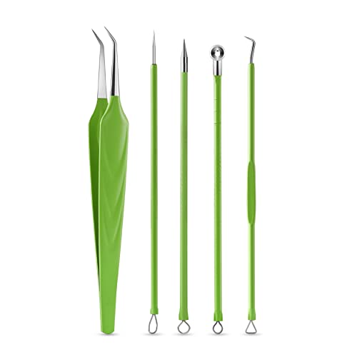 FVION Herramientas para Eliminar Espinillas, 5 Piezas Pinzas Comedones Extractor Puntos Negros Acero Inoxidable, Blackhead Remover para Limpiador de Acne, Poros, Granos (Verde)
