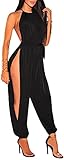 CHARTOU Women's Sexy Halter Sleeveless Tie Knot Jumpsuit Side Slit Nightclub Outfit (Small, Black)