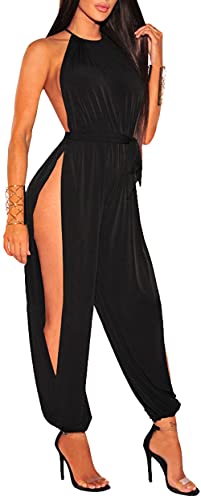 CHARTOU Women s Sexy Halter Sleeveless Tie Knot Jumpsuit Side Slit Nightclub Outfit (Small, Black)