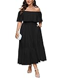 SCOMCHIC Womens Plus Size Wedding Guest Cocktail Dresses Off The Shoulder Smocked Waist Ruffle Slit Maxi Dress Black