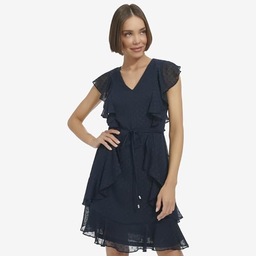 Image of Tommy Hilfiger Women's Sleeveless V-Neck Ruffle Trim Tie Waist Chiffon Mini Dress