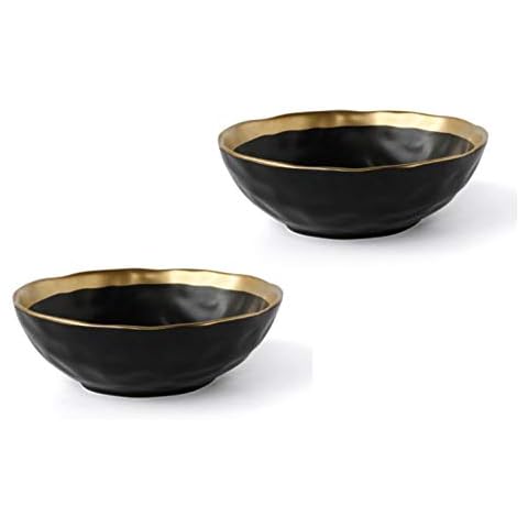 KKGUD Vintage Ceramic Cereal Bowls for Soup Cereal Rice Salad Noodles- Elegant Gold Edged Design, Black, Set of 2 (5.5 inches) Cover