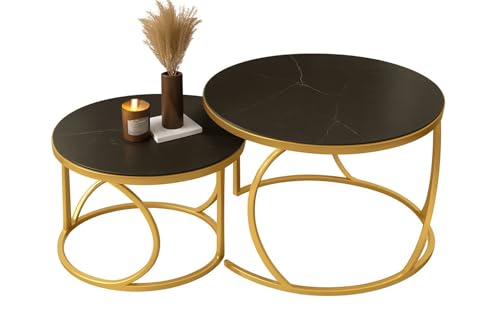 Image of Round End Table Set of Two Coffee Tables with Engineered Wood Top and Metal Frame, Contemporary Accent Side Table for Office, Bedroom, or Living Room Golden Black