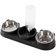 Triple Cat Bowls Wet and Dry Food Bowl, Detachable Pet Food Water Bowl with 500ml Automatic Bottle, Raised Cat Dish for Bunny Hamster Puppy Rabbit, 16.14x5.51x2.95 inch- Black