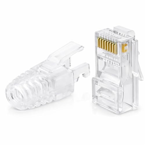 Image of RJ45 Cat6 Pass Through Connectors with Strain Relief Boots | Gold Plated Ethernet Crimp Plug for LAN Cable | Easy Termination UTP Network Connector for Router & Patch Cable (25 Pack)