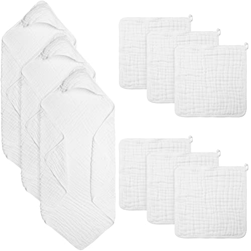 Image of Mixweer 3 Pcs Baby Hooded Towels 6 Pcs Baby Bath Towels, White Absorbent Muslin Baby Towel Newborn Towels for Babies, Toddler, Infant, for Boys Girls