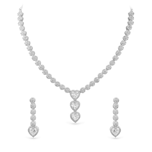 Image of Rubans Necklace Set Rhodium Plated Crystal Studded Jewellery Gift for Women & Girls