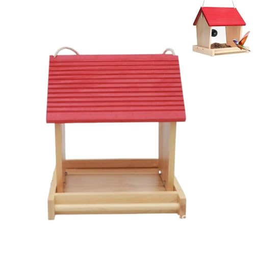 野鳥の餌台 バードフィーダーバー餌台 鳥の餌箱駅 木製バードフィーダー 20x22.5x20cm 庭の屋外の供給するための耐久性のあるハンギングワイルドバードフィーダー えさ台 吊下げ (レッド)