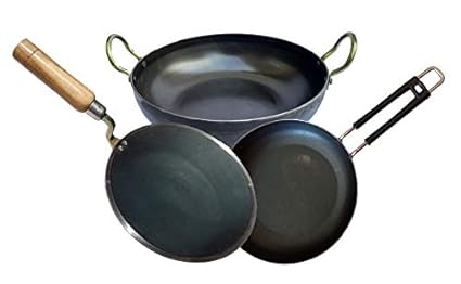 LooksGood Indian Iron cookware Combo Wooden Handle Tawa (3 mm Thickness) + Fry Pan (23 cm) + Kadahi (24 cm) (Iron)