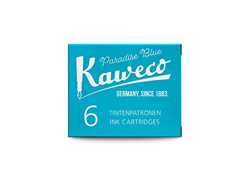 Image of Kaweco Fountain Pen Ink Cartridges Paradise Blue Pack of 6 | Premium Ink with Short Standard Cartridges in Blue | Vegan Cruelty Free Water Soluble Calligraphy Lettering Writing