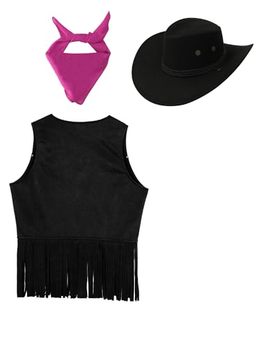 Kids Fringe Vest Sleeveless Cowboy Cowgirl Western Tassel Rivet Cardigan Cowboy Hat Bandanna4