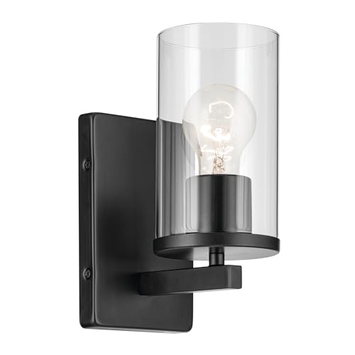 Image of Kichler Crosby 4.5 inch 1-Light Wall Sconce Bathroom Vanity Light Fixture with Satin Etched Cased Opal Glass in Black for Bathroom, Powder Room, Hallway (4.5 inch x 9.25 inch), 45495BKCLR