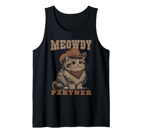 Meowdy Partner Funny Cat Cowboy Vintage Graphic Canotta