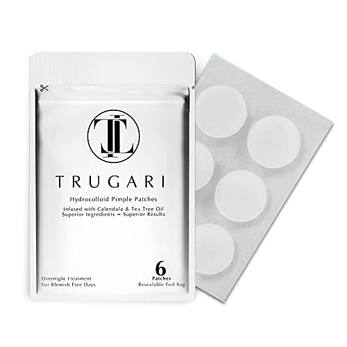 Trugari Hydrocolloid Acne Pimple Patches With Tea Tree and Calendula Oil (6 Count Trial Pack) Invisible Blemish Spot Face Stickers for Covering Blemishes Spots and Zits Skin Care Absorbing Facial Spot Cover Vegan Friendly Beauty Products