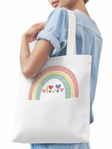 Canvas Tote Bag, Rainbow Love Heart Valentine's Day Aesthetic Canvas Tote Handbags for Women Shoulder Bag,3