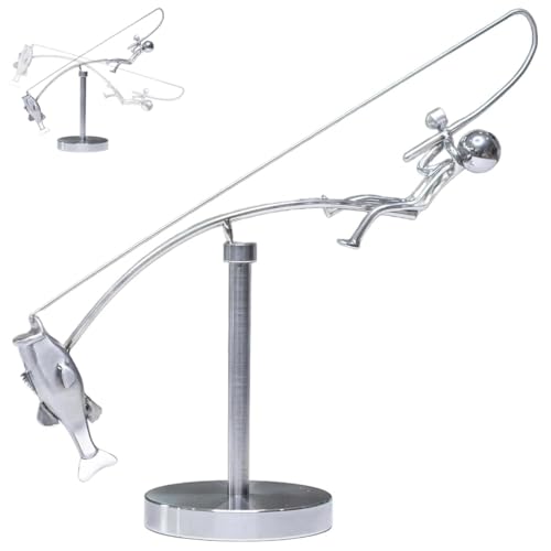 Kinetic Fishing Sculpture, Fisherman Balancing Sculpture, Metal Fishing Statue Home Office Desktop Ornament, Balance Art for Your Space, Beautiful Home Decor, Gifts for Fishing Lovers