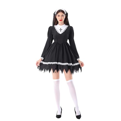 Costume de nonne pour femme avec robe longue de fête et collants d'Halloween gothiques