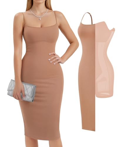 Image of Popilush Womens Summer Shapewear Dress - Bodycon Cocktail Graduation Party Midi Dresses with Built-in Bra