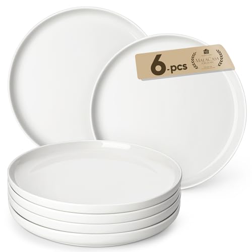 MALACASA Dinner Plates Set, 10.25 Inch Scratch-Resistant Ceramic Side Plate Set of 6, Round Dinnerware for Dessert/Pasta/Main Course, Dishwasher and Microwave Safe, Ivory White