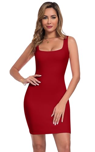 Image of Qaffier Summer Dresses for Women Sexy Mini Dress Ribbed Knit Fitted Square Neck Bodycon Party Club Tank Dresses