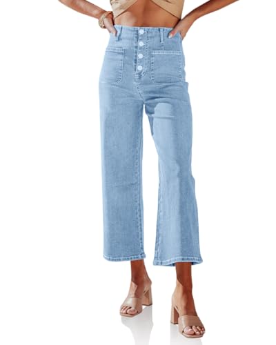 Cicy Bell Womens High Waisted Cropped Jeans Trendy Stretchy Button Fly Straight Wide Leg Capri Denim Pants