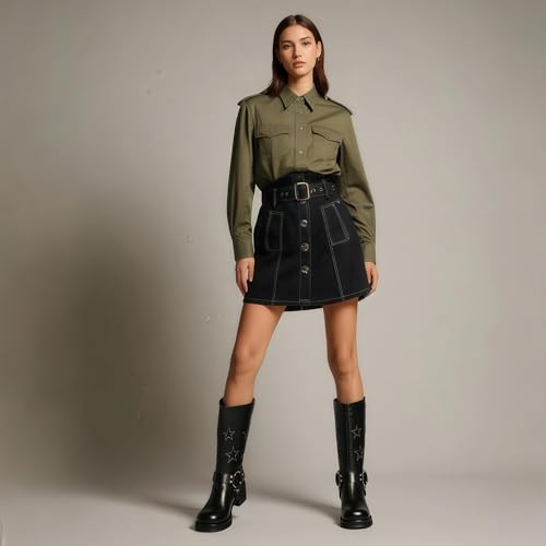 Image of Goolita Women's Buckle Biker Knee High Boots Square Toe Chunky Heel Star Moto Mid Calf Boots Slip On Motorcycle Riding Boot
