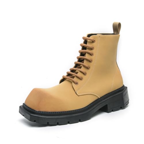 Image of Mens Retro Leather Lace-Up Chunky Heels Chukka Ankle Boots Casual High-Top Non-Slip Square Toe Dress Shoes for Walking Formal Business