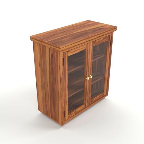 Image of Solid Sheesham Wood Sideboard Cabinet for Living Room | Wooden Storage Cabinet with 2 Acrylic Glass Doors & Shelves | Modern Display Sideboard for Home (Honey Finish)