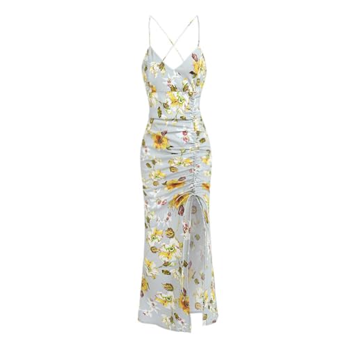 Image of ZAFUL Womens Summer Floral Spaghetti Midi Dresses 2025 Sexy V Neck Sleeveless Drawstring Ruched Split Backless Cocktail Dress