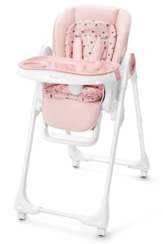 Foldable High Chair with Soft Cushion, High Chairs for Babies and Toddlers, Height Adjustable Feeding Chair, Adjustable Backrest and Footrest, Lockable Wheels, Star Pink
