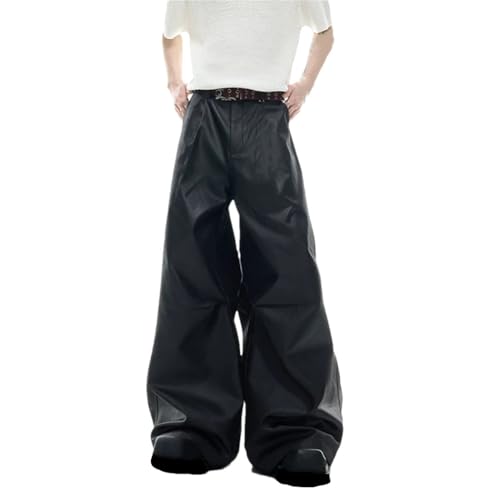 Men's PU Leather Pants Wide Leg Pleated Chain Decoration Streetwear Trousers