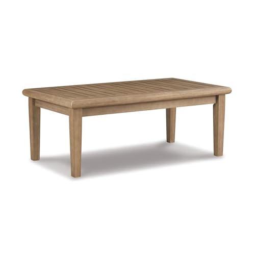Signature Design by Ashley Gerianne Outdoor Coffee Table, Eucalyptus Wood With 5‑Step Protective Finish & Slatted Top for Rain Shedding, Durable for Outside Patio Use, Brown