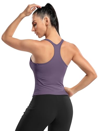 Image of ATTRACO Ribflex Ribbed Workout Crop Tops with Built in Bra for Women Yoga Racerback Tank Top Slim Fit