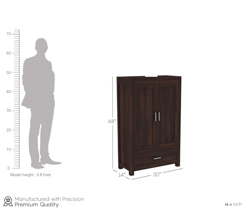 Image of Sheesham Wood Wooden 2 Door Wardrobe Organizer for Clothes | - Solid Wood Almirah with 1 Drawers, 3 Shelves - Cupboard for Large Bedroom, Walnut Finish