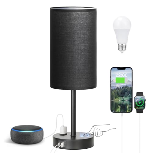Fenmzee Touch Nightstand Lamp - Black, 3-Way Dimmable, USB A + C Charging, AC Outlet, 17.4inch Medium