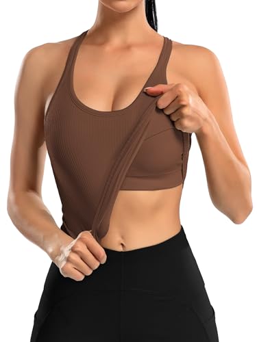 Image of ATTRACO Ribflex Ribbed Workout Crop Tops with Built in Bra for Women Yoga Racerback Tank Top Slim Fit