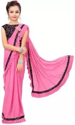 YashikaBaby'S Kids Lycra Blend Ready To Wear Saree With Sequence Blouse Piece (Kids02 Pink-10-11 (Xl)
