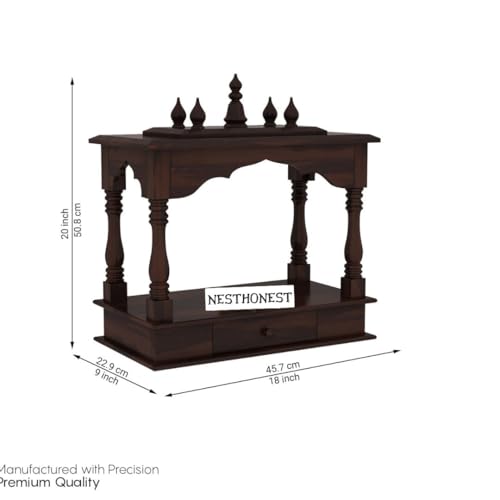 Image of Wall Mounted Solid Sheesham Wood Puja Mandir for Home Solid Wooden Temple for Puja Room with 1 Drawer Storage Pooja Ghar Wooden Furniture for Pooja Room Sheesham Wood, Walnut Finish (Walnut, 1 Drawer)