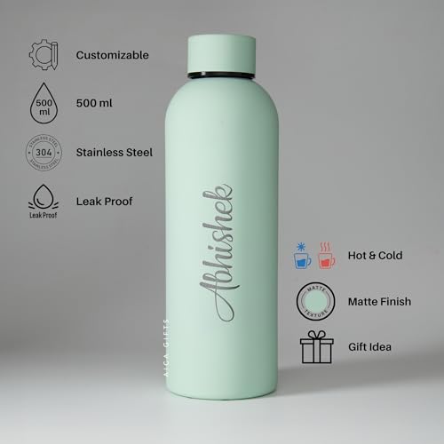 Image of AICA Personalized Name Stainless Steel Water Bottle -500ml -12Hrs Hot & 18Hrs Cold (Pistagreen) |Customised Gift For Man Woman Girl Boy