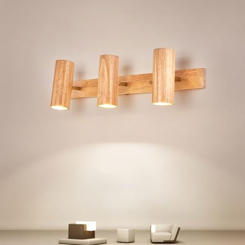 Adjustable Wood Track Lighting - Modern 3-Head LED Wall Sconce for Bathroom, Bedroom, Living Room & Hallway - Rotatable 21W/28W Long Rectangle Ceiling Lamp, 6000K Brightness