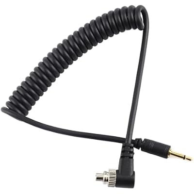 Flash PC Sync Cable, 2.5mm to Male, Screw Lock, Extended Coiled Wire, Flashing, 100cm, Linking Cameras and Flash