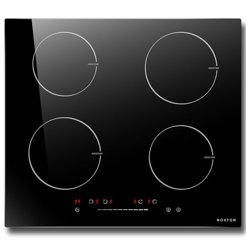 NOXTON Placa de inducción 4 fuegos, empotrable, 60 cm, 7400 W, función boost, autosuficiente, con control táctil, 9 niveles de calor, temporizador, protección infantil, apagado automático