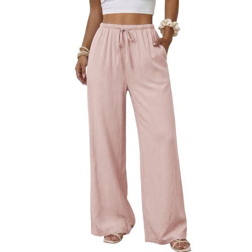 Image of Duyang Womens Cotton Linen Palazzo Pants Drawstring Elastic Waist Casual Wide Leg Trousers with Pockets