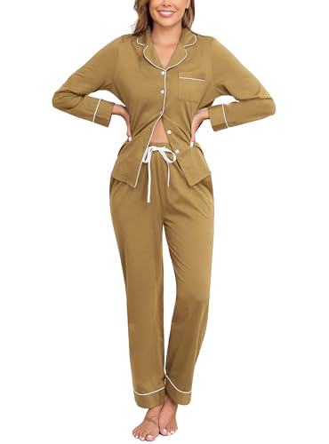 Veseacky Brown Pjs Button Down Pajamas Women Cotton Pajamas for Women Set Sleepwear Soft Pjs Lounge...