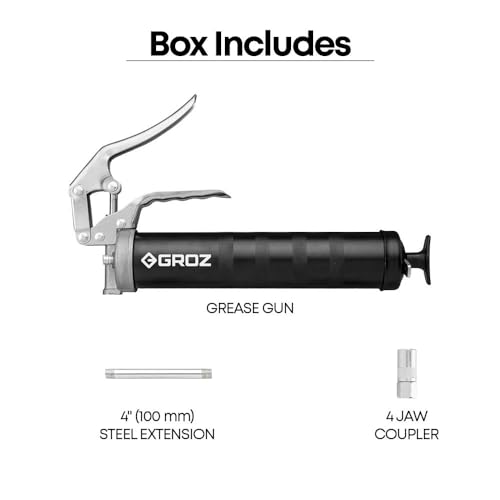 Image of GROZ Pistol Grip Grease Gun with aluminum die cast head & tough barrel| One hand operation| Discharge upto 0.50 gm /stroke. | Cartridge & bulk fill | Comes with 4 inch steel extension & coupler | G5R /B