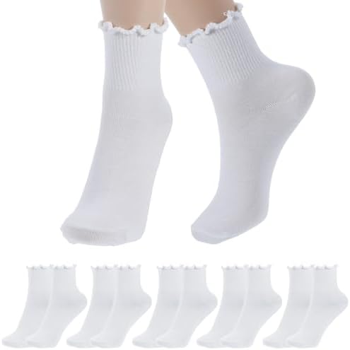 White Ruffled Socks Yuanan 5 Pairs Ruffle Ankle Socks for Women, Soft White Ruffle Socks ...
