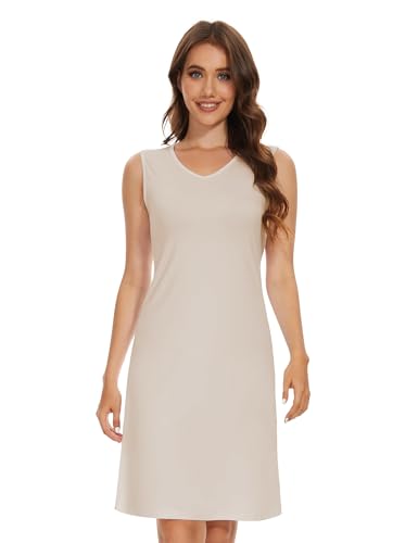 Image of MANCYFIT Women's Full Slip V Neckline Slip Dress Wide Straps Tank Top Slip for Women Under Dress Knee Length Slip