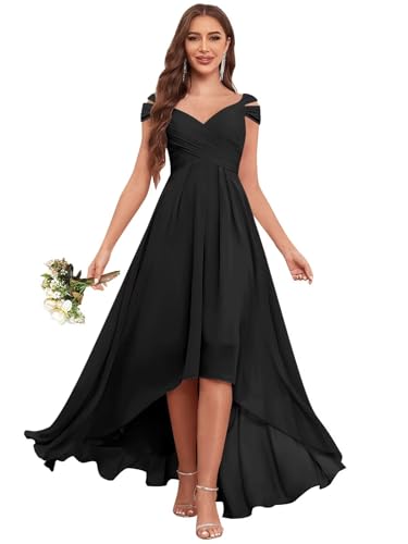 Bridesmaid Dresses for Women 2025 Off The Shoulder High Low Pleated A-Line Chiffon Wedding Guest Gown with Pockets