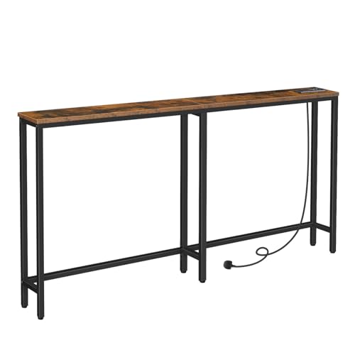 HOOBRO Narrow Console Table with Charging Station, 160 cm Behind Sofa Couch Table, Long Hallway Table, Slim Console Table for Hallway, Entryway, Living Room, Rustic Brown and Black EBF165KXG01