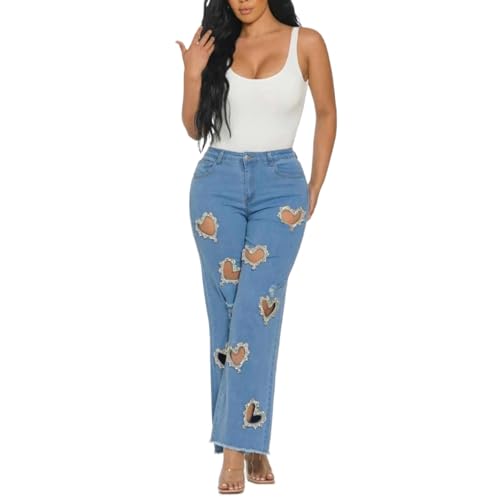 Women's Y2K Straight Leg Jeans High Waist Heart Cutout Rhinestone Baggy Trousers
